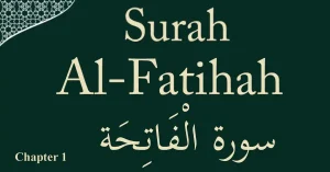 Surah Al-Fatiha PDF and audio recitation download link, featuring elegant Arabic calligraphy of Surah Al-Fatiha with a 'Download Now' button and headphones icon for audio.